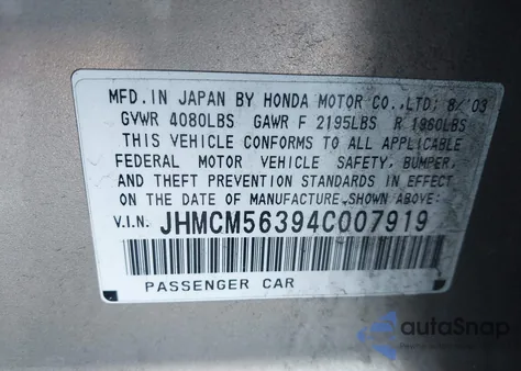 2004 Honda Accord 2.4 Lx z USA, uszkodzony, nr VIN JHMCM56394C007919